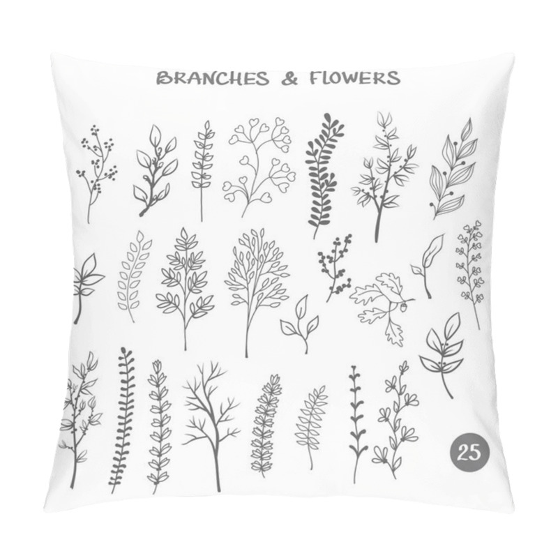 Personality  Set Of Branches. Hand Drawn Black Ink Isolated Floral Decorative Elements. Herb Silhouette Collection Pillow Covers