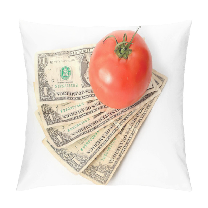 Personality  Ripe Tomato Lies On Paper Notes Dollars As A Symbol Of The Cost Of Farming Pillow Covers