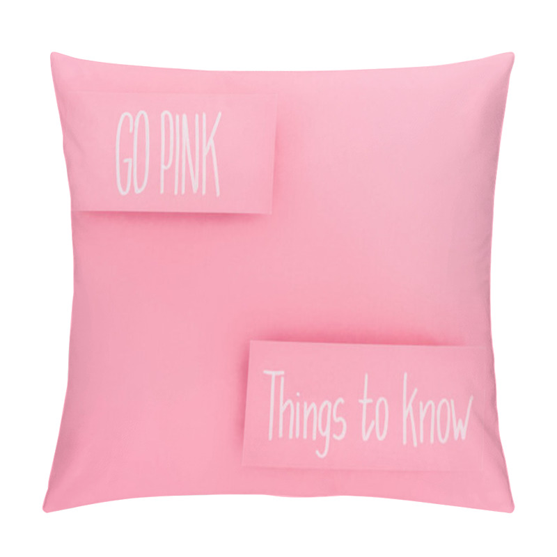 Personality  Top View Of Cards With Things To Know And Go Pink Lettering On Pink Background, Breast Cancer Concept Pillow Covers