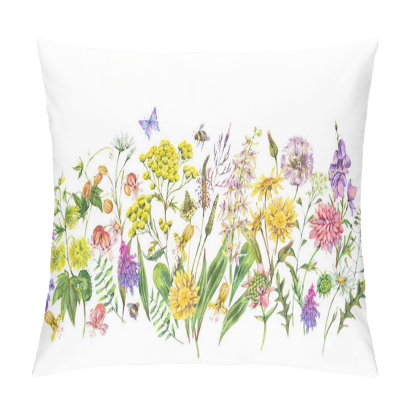 Personality  Watercolor Summer Meadow Flowers, Wildflowers Greeting Card. Botanical Floral Mockup On White Background, Natural Objects. Medicinal Flowers Collection Pillow Covers