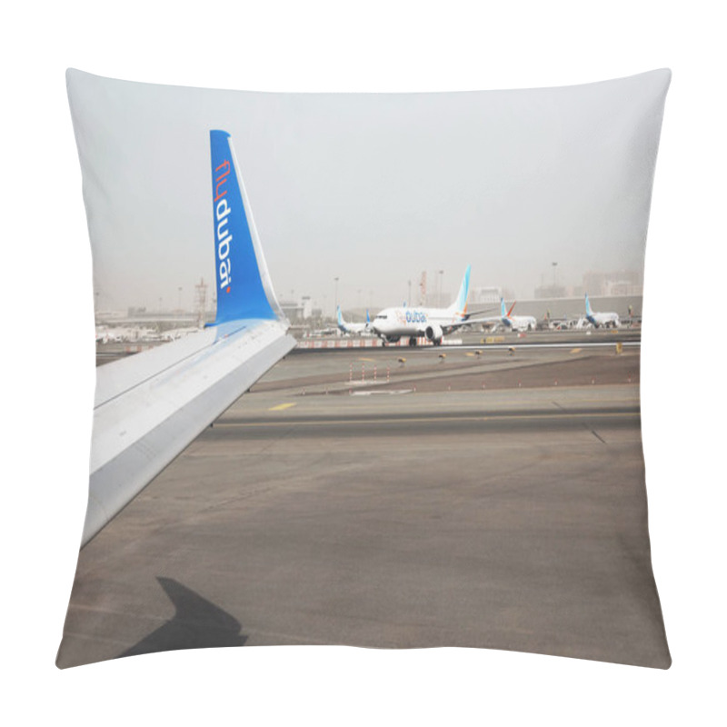 Personality  DUBAI, UNITED ARAB EMIRATES - NOVEMBER 06, 2018: View Of Airport Landing Zone From Flydubai Plane Pillow Covers