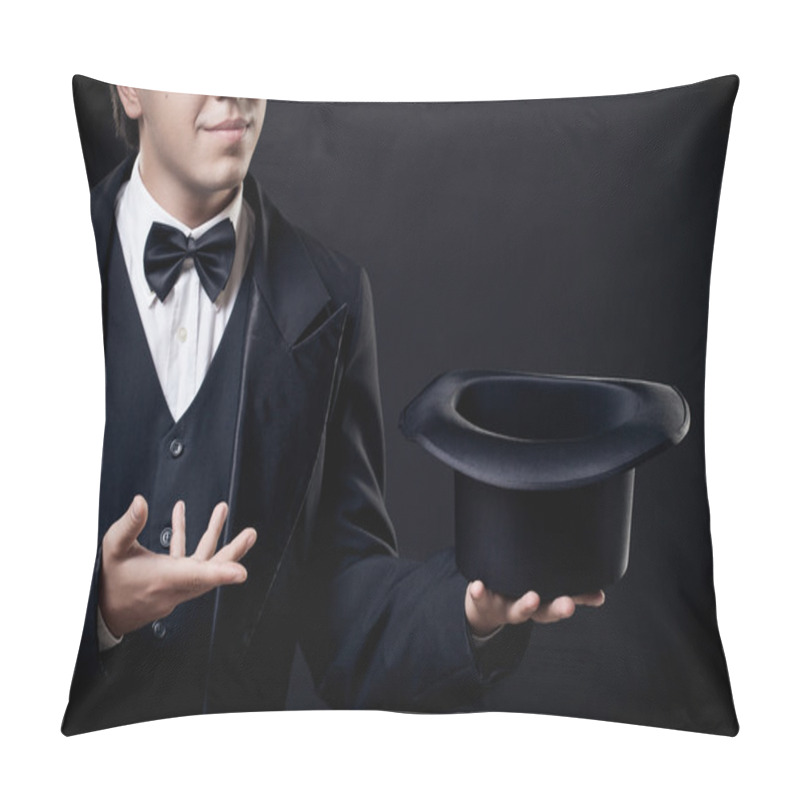 Personality  Closeup Of Magician Showing Tricks With Top Hat Isolated On Dark Background Pillow Covers