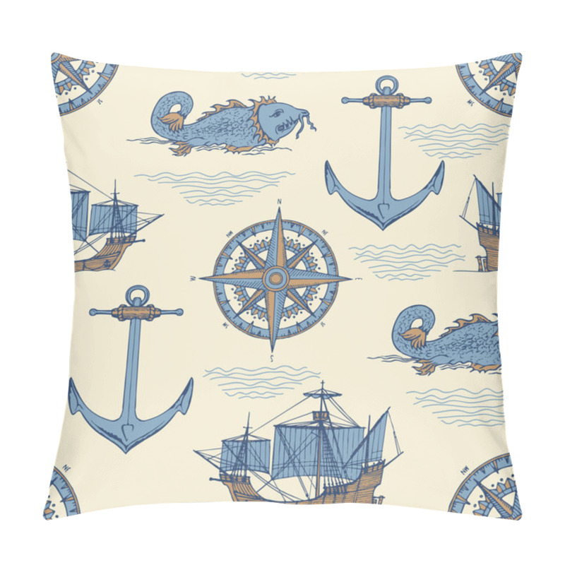 Personality  Vector Abstract Seamless Background On The Theme Of Travel, Adventure And Discovery. Old Caravels, Vintage Sailing Yachts, Wind Roses, Anchors And Giant Catfishes In Retro Style On Beige Background Pillow Covers