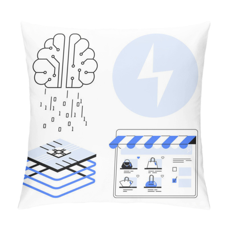 Personality  Digital Brain With Data Flow, Layered Tech Stack, And E-commerce Website Screen. Ideal For AI Technologies, Online Shopping, Tech Innovation, Digital Transformation, Smart Retail, Automation Data Pillow Covers