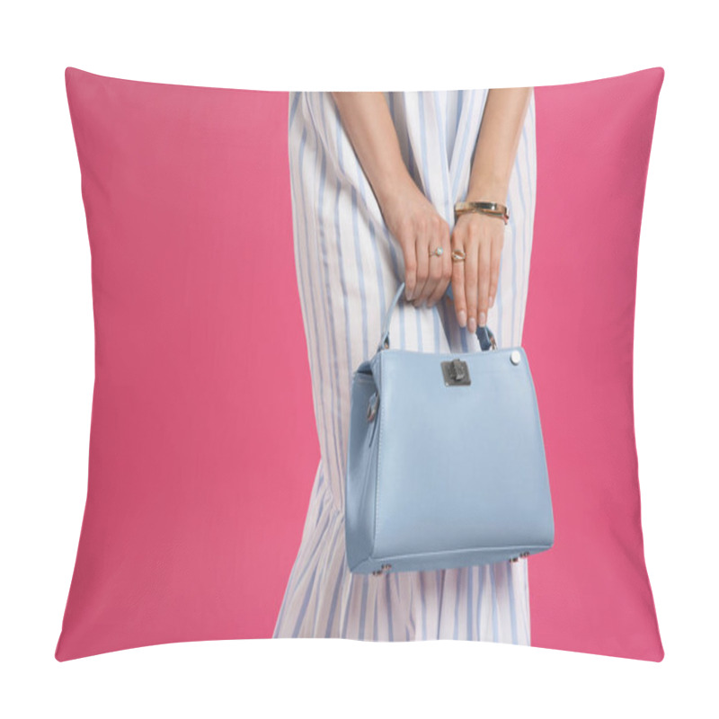 Personality  Young Woman With Stylish Blue Bag On Pink Background, Closeup. Space For Text Pillow Covers