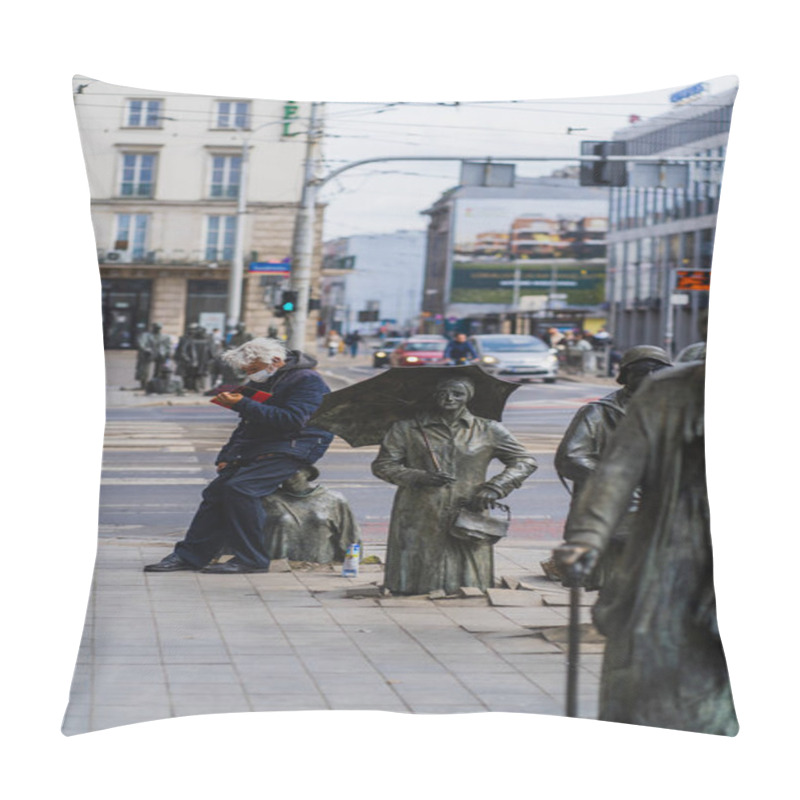 Personality  WROCLAW, POLAND - APRIL 18, 2022: People Near Anonymous Pedestrians Memorial On Urban Street  Pillow Covers