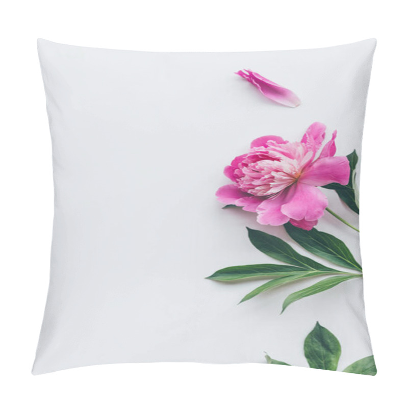 Personality  Top View Of Beautiful Pink Peony Flower With Leaves Isolated On White Pillow Covers