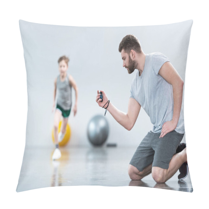 Personality  Boy Exercising With His Coach Pillow Covers