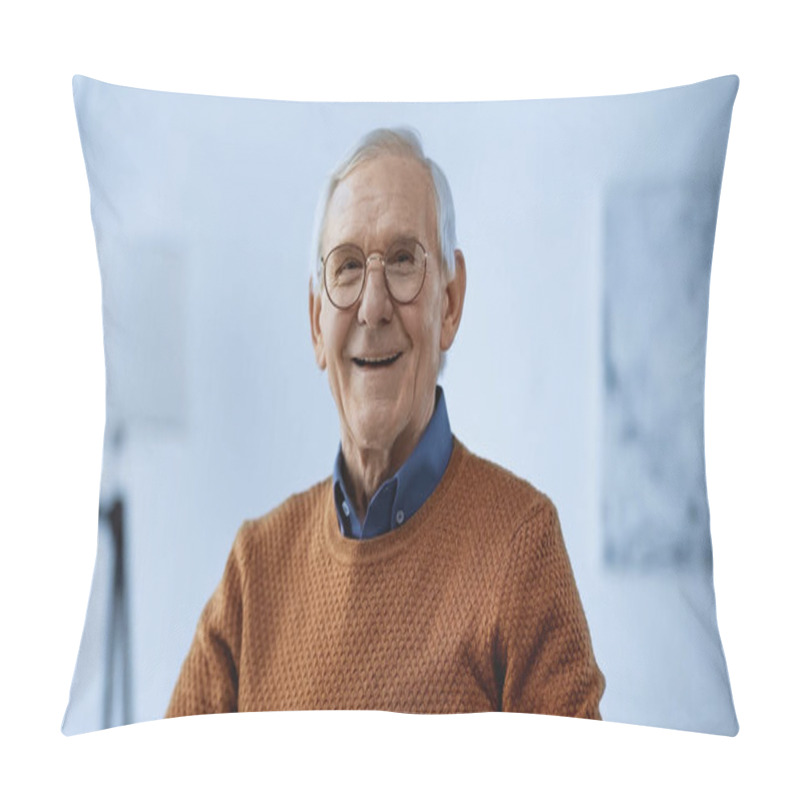 Personality  Smiling Elderly Man In Glasses Looking At Camera In Modern Living Room Pillow Covers