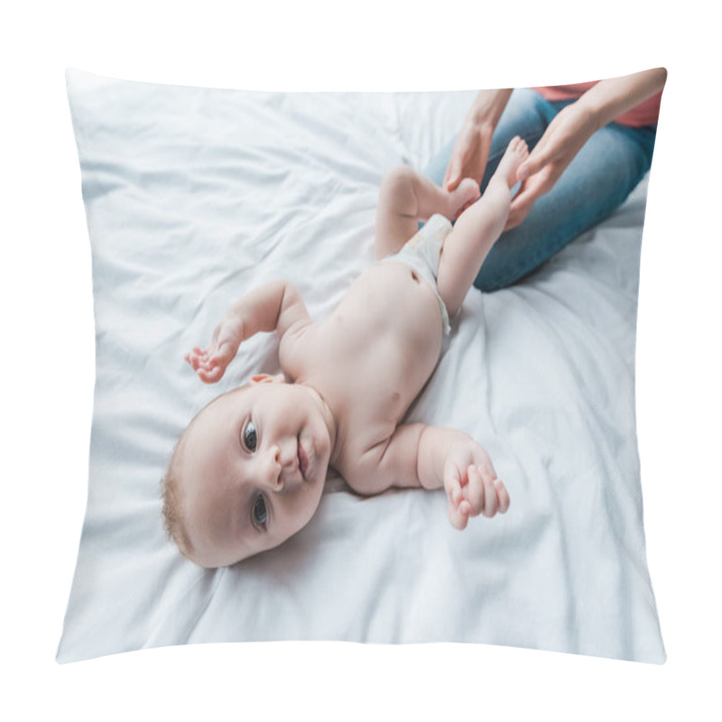 Personality  Cropped View Of Mother Touching Legs Of Cute Infant Baby At Home  Pillow Covers