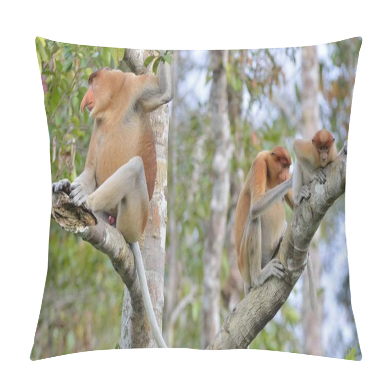 Personality  Family Of Proboscis Monkeys Sitting On A Tree Pillow Covers