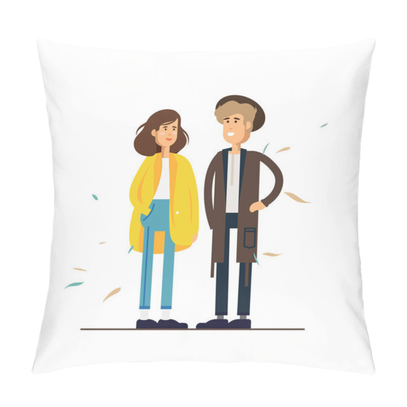 Personality  Colorful Vector Illustration Standing Happy Romantic Couple Walking Together. Flat Cartoon Hipster Characters Isolated On White Background. Autumn Mood. Pillow Covers