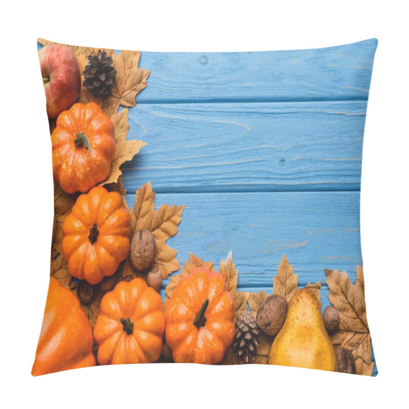 Personality  Top View Of Autumnal Harvest And Foliage On Blue Wooden Background Pillow Covers