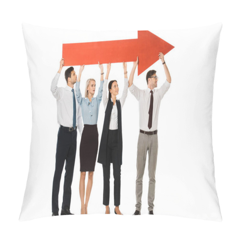 Personality  Young Businesspeople Holding Big Red Arrow Isolated On White  Pillow Covers