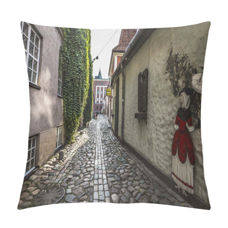 Personality  Narrow Medieval Street In Old City Of Riga, Latvia. Pillow Covers