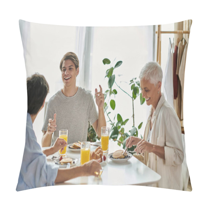 Personality  A Loving LGBTQ Family Enjoys Breakfast Together, Filled With Laughter And Warmth In A Cozy Space. Pillow Covers