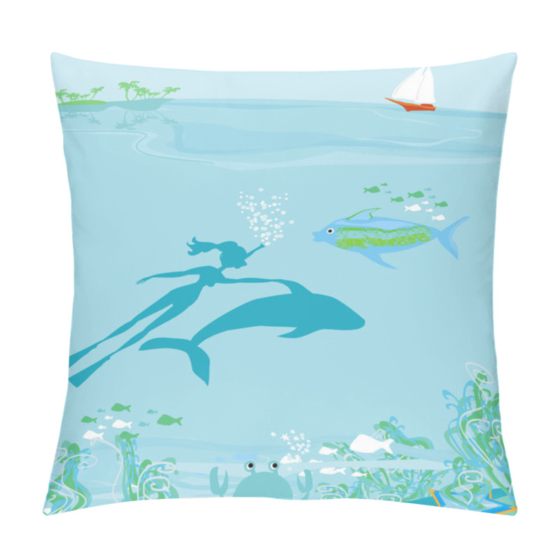 Personality  The Girl-diver Floats Together With A Dolphin Pillow Covers