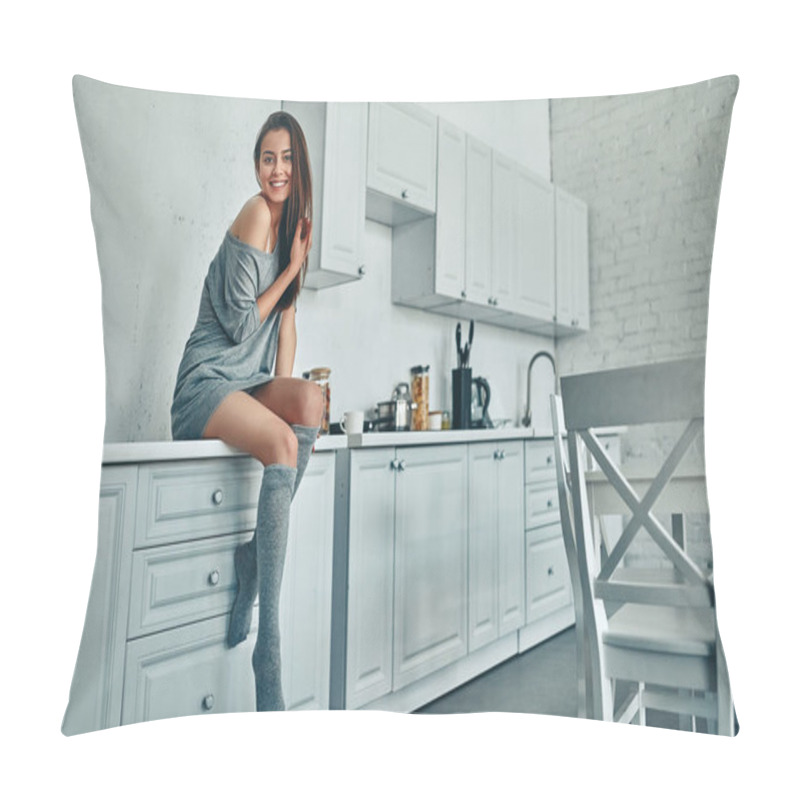 Personality  Good Morning! Attractive Young Woman Is Having Rest At Home. Girl On Kitchen. Pillow Covers