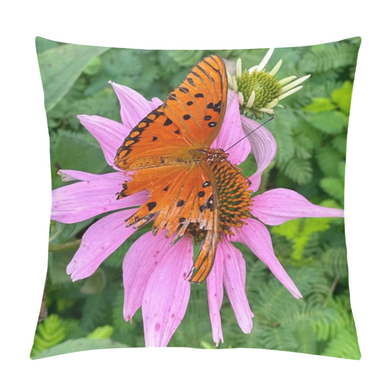 Personality  A Bright Orange Gulf Fritillary Butterfly Perches On A Pink Coneflower, Displaying Its Delicate Black Spots And Vibrant Colors Against Lush Green Foliage. Pillow Covers