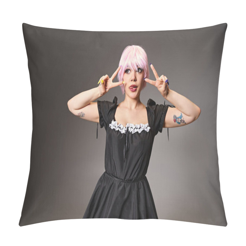 Personality  Alluring Female Cosplayer Showing Peace Gesture And Sticking Out Her Tongue And Looking Away Pillow Covers