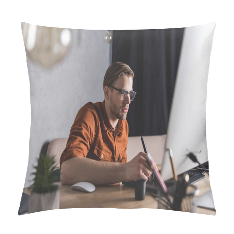 Personality  Stylish Young Designer Working With Drawing Tablet At Workplace Pillow Covers