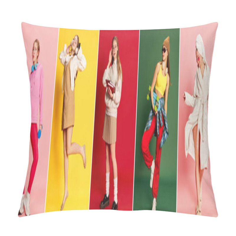 Personality  Happiness, Calm, Dreaminess. Collage Made Of Portraits Of Emotional Young Girl In Different Fashion Style Clothes Over Colored Backgrounds. Concept Of Happiness, Positive Emotions, Education, Sport Pillow Covers