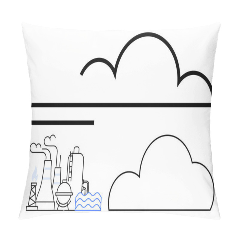 Personality  Industrial Factory With Smokestacks Releasing Smoke And Water Near Bold, Minimalist Cloud Outlines. Ideal For Pollution Impact, Air Quality, Climate Change, Industry, Environment, Manufacturing Pillow Covers