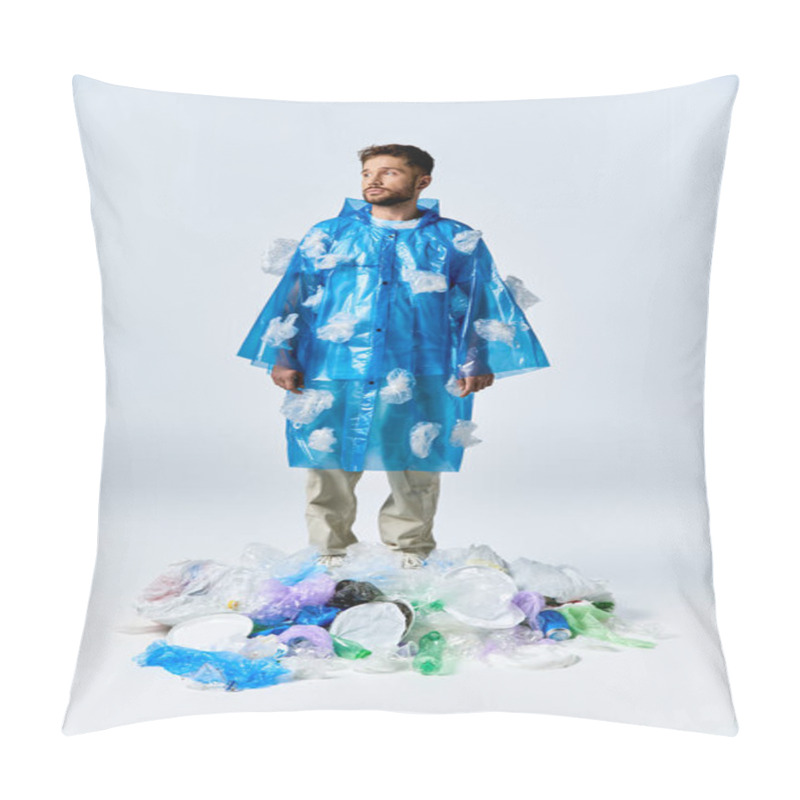 Personality  A Man Wearing A Blue Plastic Poncho Stands On A Large Pile Of Plastic Waste. Pillow Covers