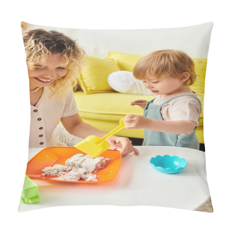 Personality  A Curly-haired Mother And Her Toddler Daughter Play With Montessori Toys At Home, Engaging In Hands-on Learning And Exploration. Pillow Covers