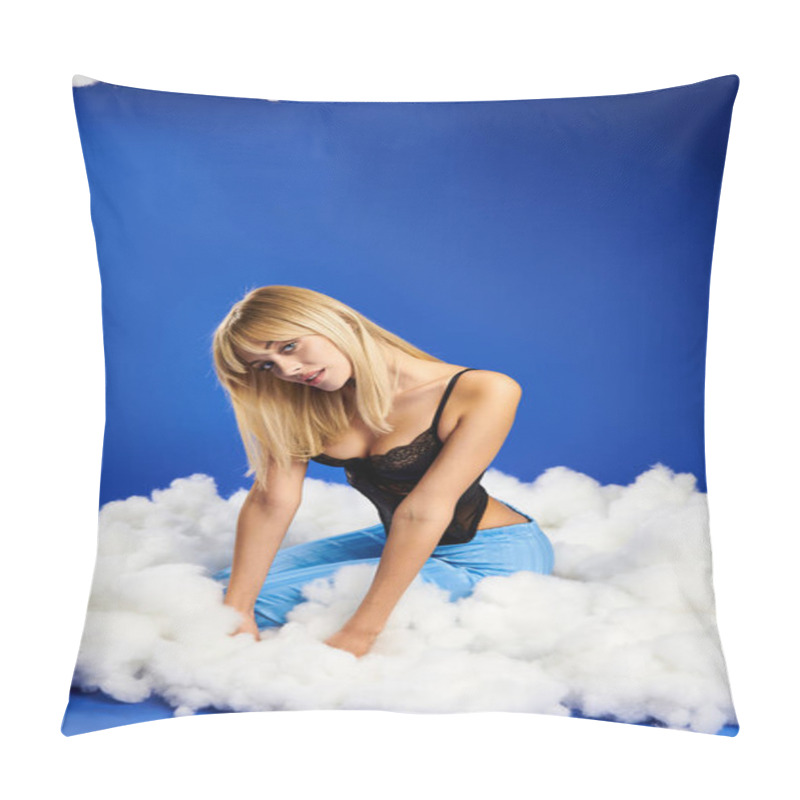 Personality  A Blonde Woman In A Black Top Is Sitting On A Cloud In A Dreamlike Setting. Pillow Covers