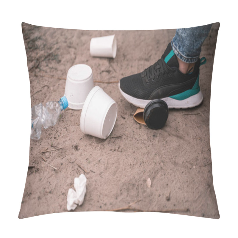 Personality  Cropped View Of Man Standing On Ground Near Trash, Ecology Concept  Pillow Covers