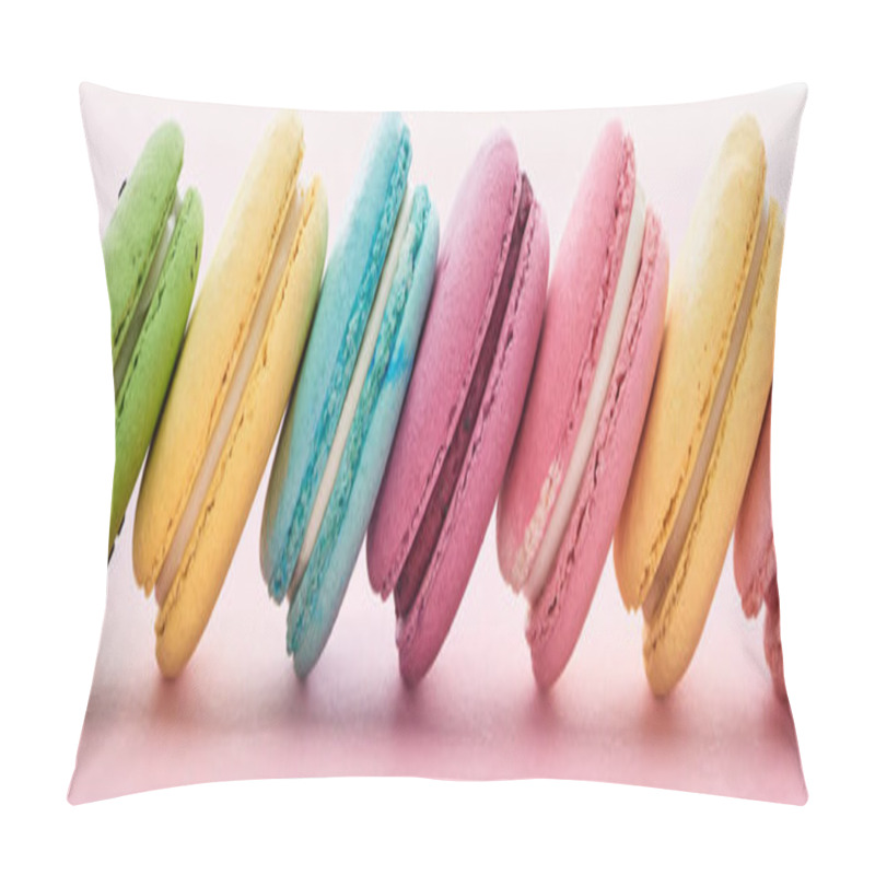 Personality  Row Of Delicious French Macaroons Of Different Flavors On Pink Background, Panoramic Shot Pillow Covers