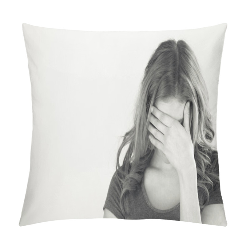 Personality  Woman Ashamed Hiding Face In Hand Pillow Covers