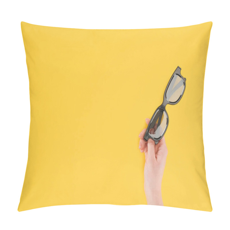 Personality  Cropped View Of Female Hand Holding Stereoscopic 3d Glasses Isolated On Yellow Pillow Covers