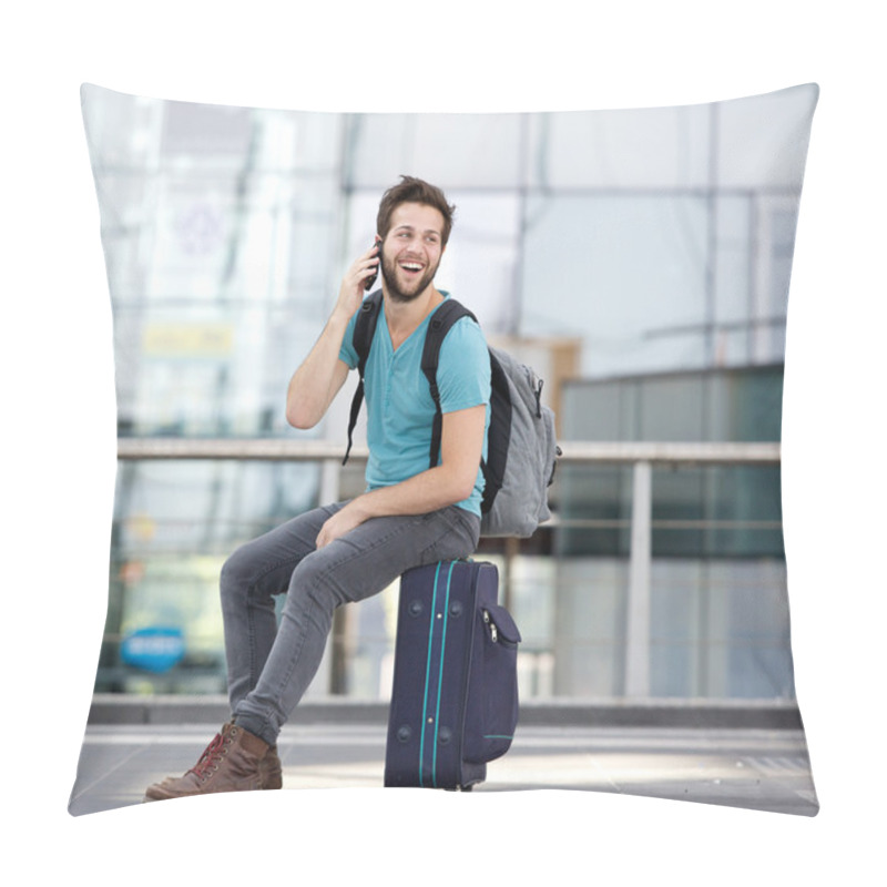 Personality  Young Man Calling By Mobile Phone At Airport Pillow Covers