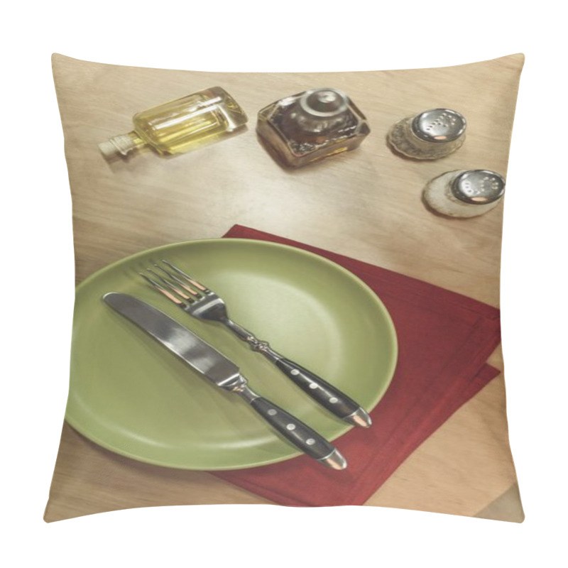 Personality  Top View Of Arranged Cutlery, Napkin And Spices On Wooden Surface Pillow Covers