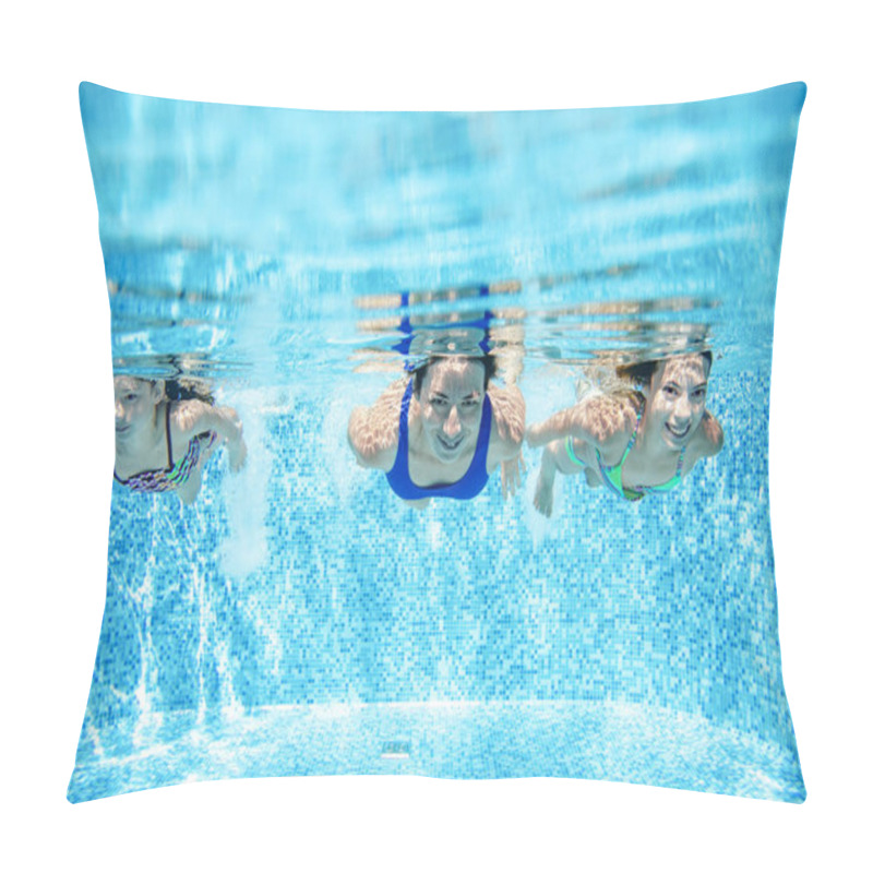 Personality  Family Swims In Pool Underwater, Happy Active Mother And Children Have Fun Under Water, Fitness And Sport With Kids On Summer Vacation On Resort Pillow Covers