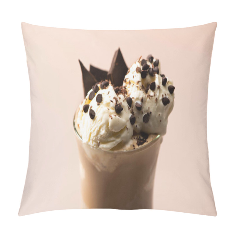 Personality  Glass Of Milkshake With Ice Cream, Pieces Of Chocolate And Candies On Beige Background Pillow Covers