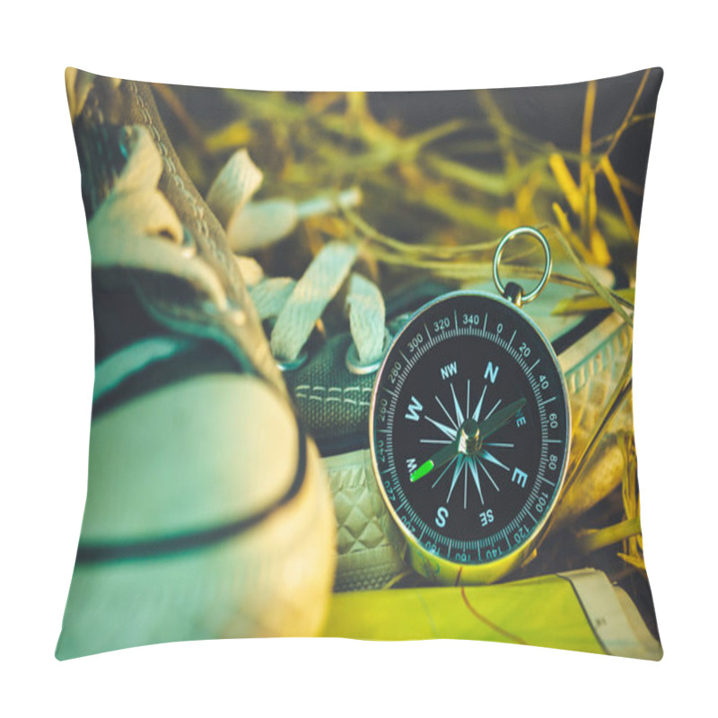 Personality  Compass And Paper Maps With Sneakers And Pine Flowers Placed On  Pillow Covers