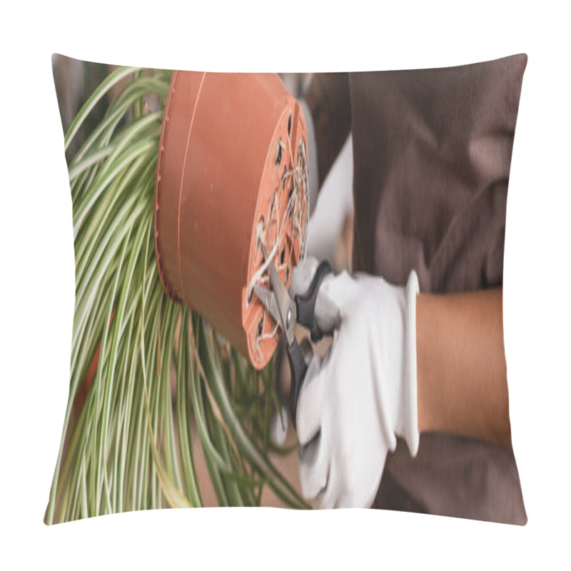 Personality  Cropped View Of African American Florist In Work Gloves Holding Flowerpot And Cutting Roots Of Plant With Scissors, Banner Pillow Covers