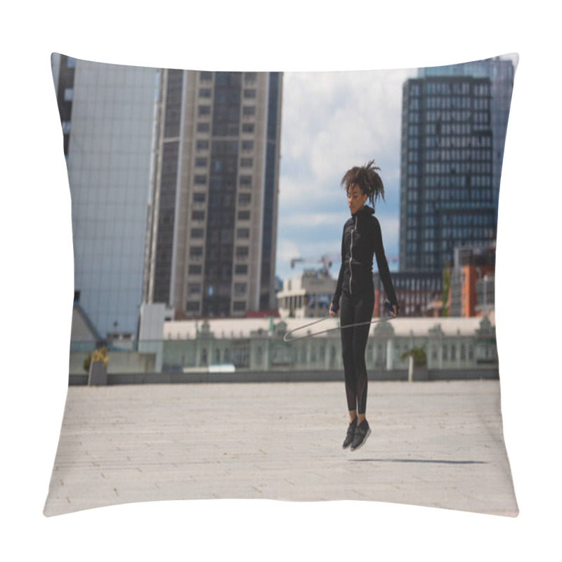 Personality  African American Sportswoman Training With Rope On Urban Street At Daytime  Pillow Covers