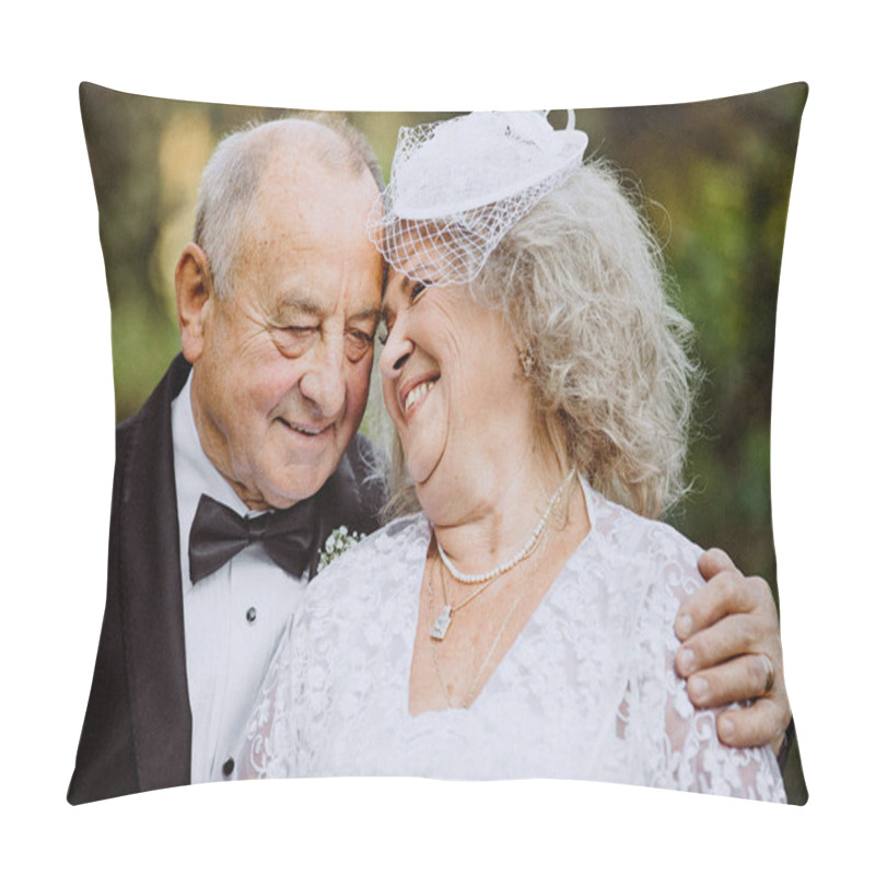 Personality  Forever In Love Concept. Wedding Anniversary Decoration. Elder Couple Wedding Portrait.  Love In Age. Wedding Concept. Old Bride And Groom. Fifth Golden Wedding Anniversary. Everlasting True Love.  Pillow Covers