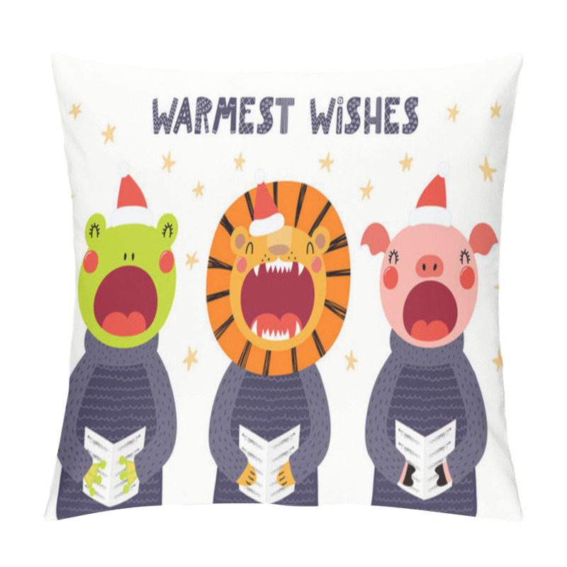 Personality  Hand Drawn Christmas Card With Cute Frog, Pig, Lion Singing Carols With Quote Warmest Wishes Isolated On White Background. Scandinavian Style Flat Design. Concept For Kids Print. Pillow Covers