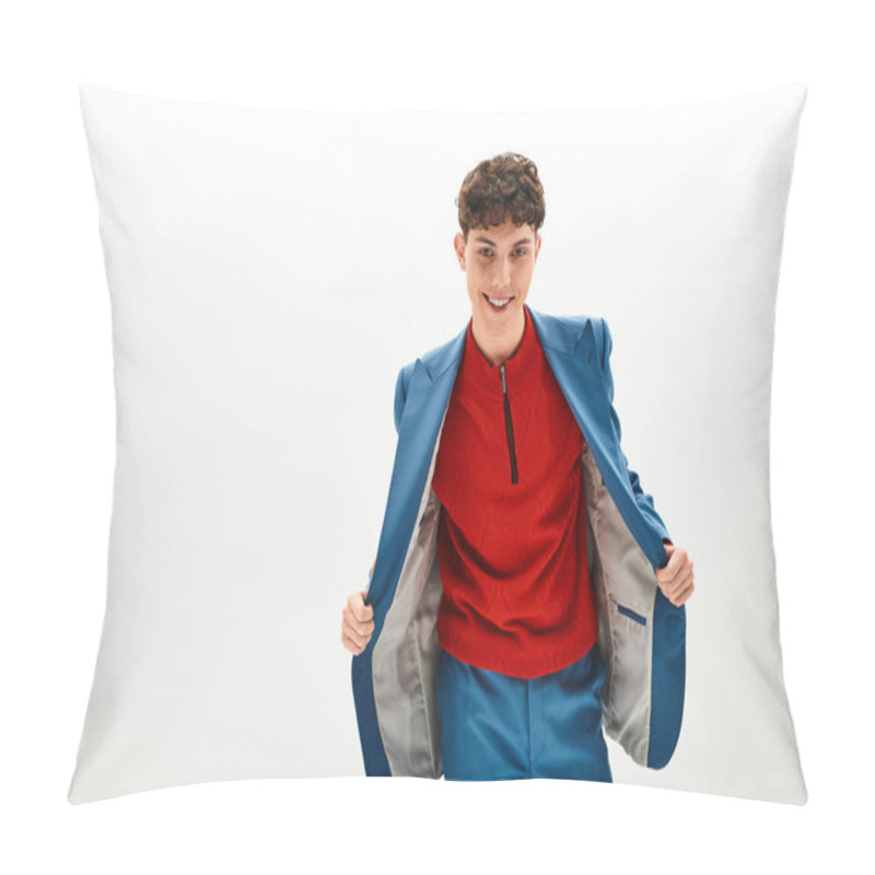 Personality  Handsome Man Dressed In A Vivid Suit Smiles While Opening His Jacket, Exuding Charm And Style. Pillow Covers