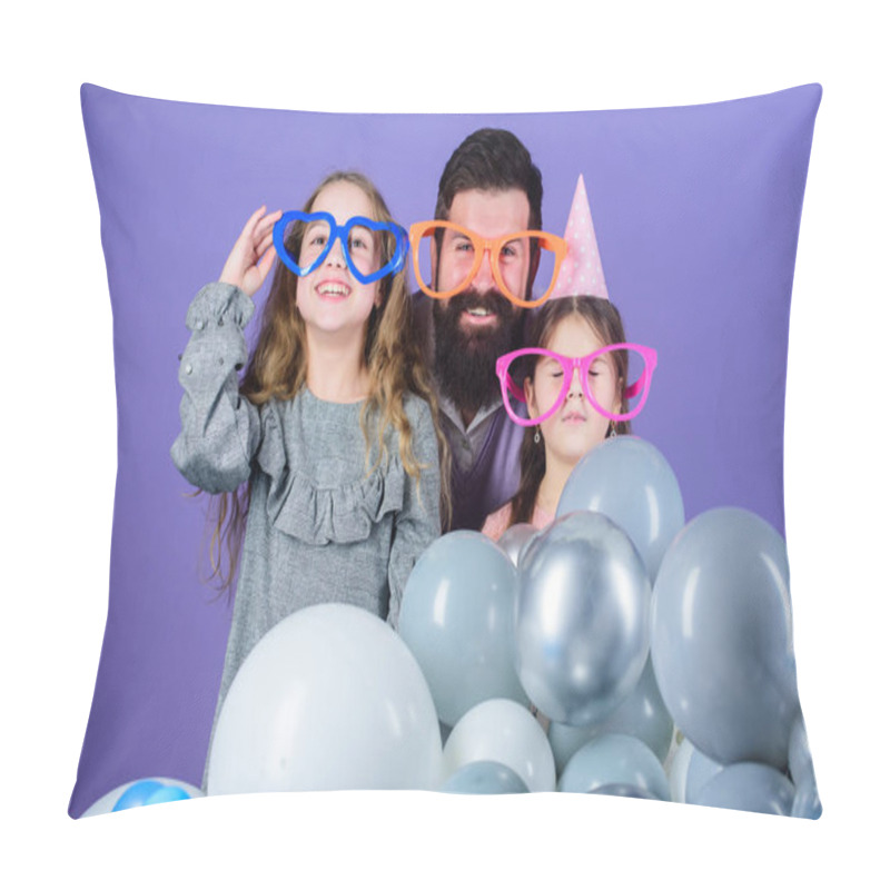 Personality  Father With Two Daughters Having Fun. Fatherhood Concept. Friendly Family Wear Funny Party Accessories. Best Dad Ever. Fathers Day. Daughters Need Father Actively Interested In Life. Birthday Party Pillow Covers