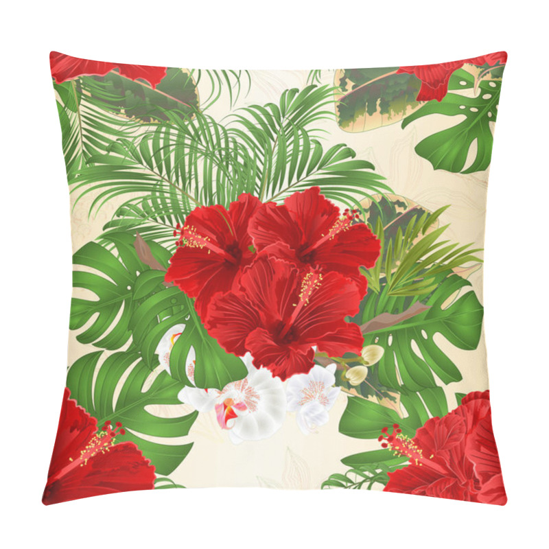 Personality  Seamless Texture Bouquet With Tropical Flowers  Floral Arrangement, With Beautiful Red Hibiscus And Orchid Palm,philodendron And Ficus Vintage Vector Illustration  Editable  Pillow Covers