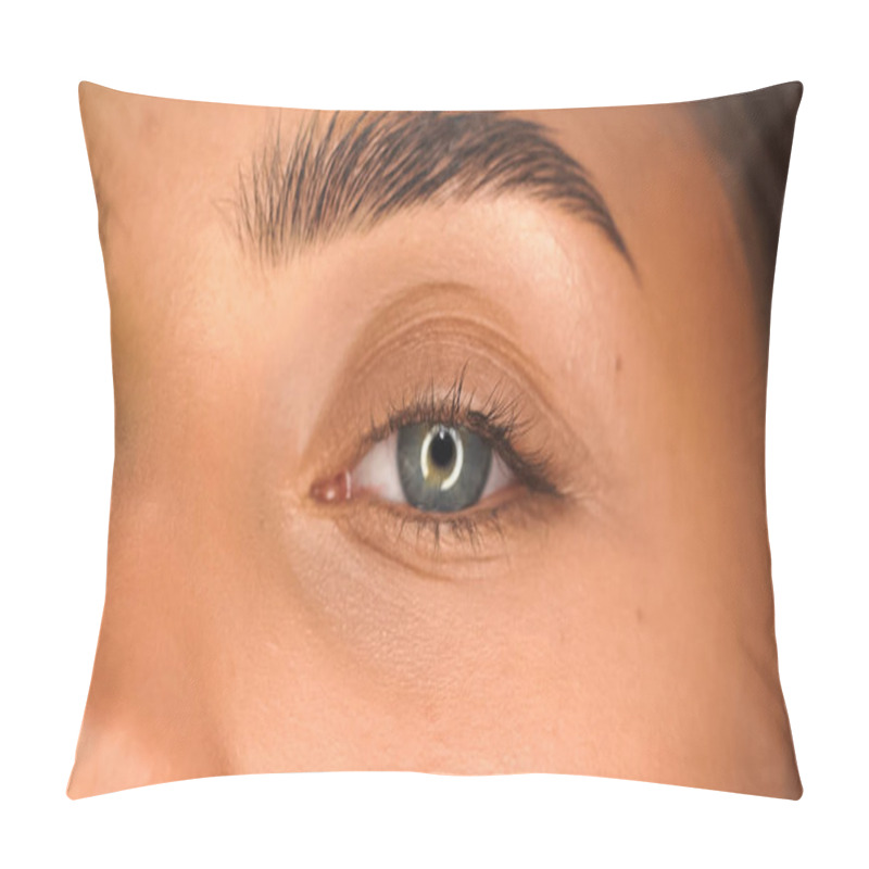 Personality  Partial View Of Woman With Blue Eye Looking At Camera Pillow Covers