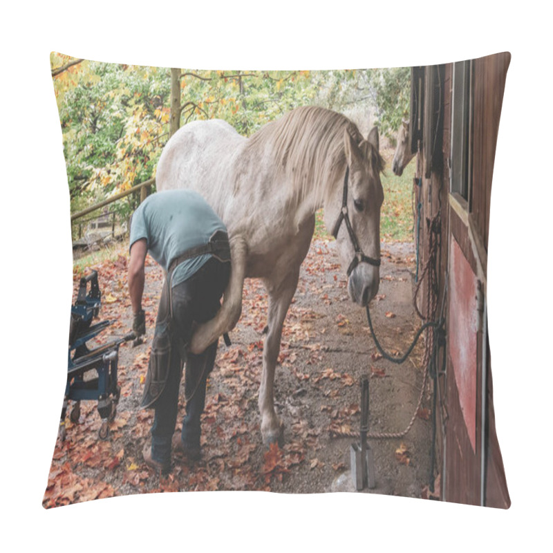 Personality  A Man Is Shoeing A Horse In A Stable With Autumn Leaves In The Background. Pillow Covers