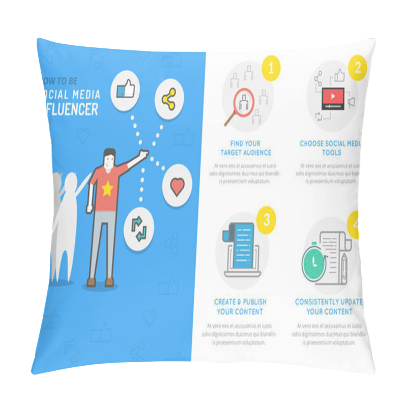 Personality  Flat Line Infographic About How To Be Social Media Influencer And Online Famous Person For Web Graphics. Pillow Covers