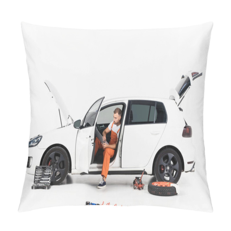 Personality  Handsome Auto Mechanic Using Laptop In Broken Car On White Pillow Covers